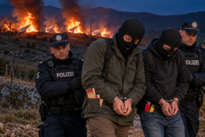 Двама маскирани мъже с белезници, кибрит и запалки в джобовете са задържани от германски полицаи, а на заден план горят сателитни антени Starlink.