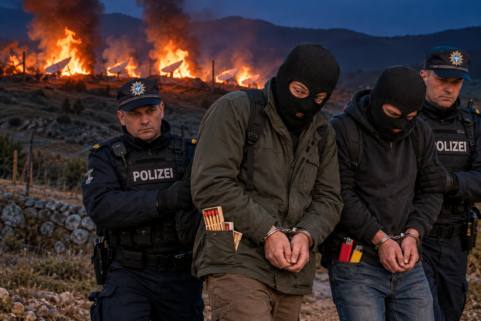 Двама маскирани мъже с белезници, кибрит и запалки в джобовете са задържани от германски полицаи, а на заден план горят сателитни антени Starlink.