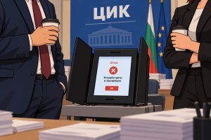 Карикатурна илюстрация на машина за гласуване в ЦИК, на чийто екран се появява съобщение „Error: Устройството е заключено“. От двете страни стоят двама служители с чаши кафе в ръце, чиито лица остават извън кадър.