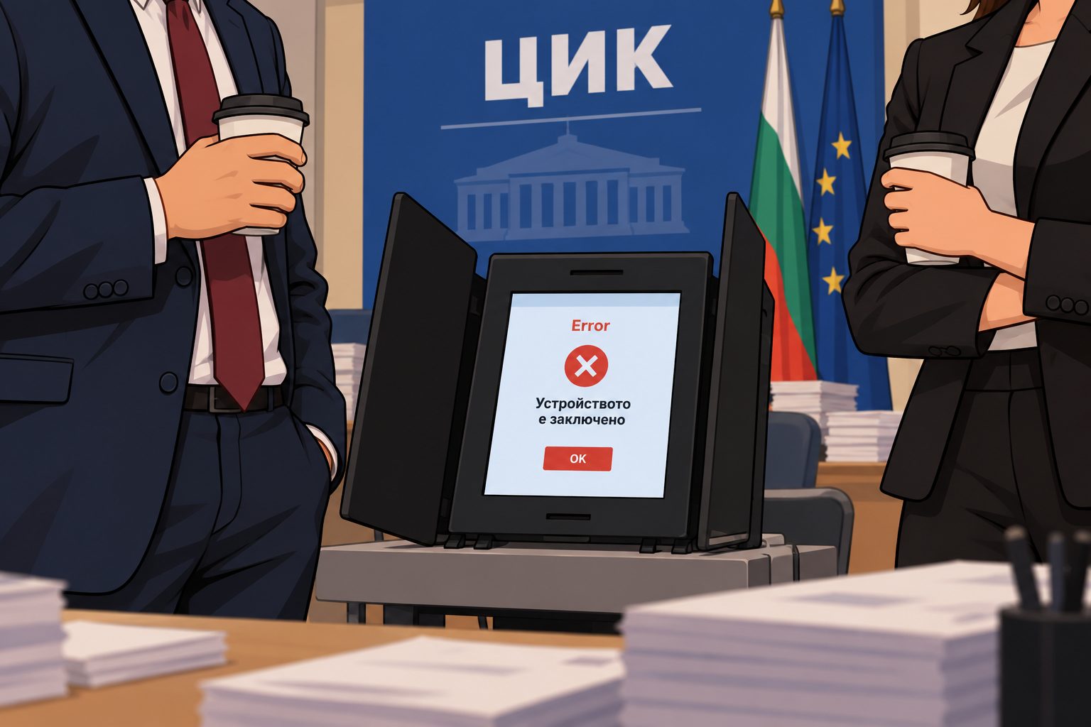 Карикатурна илюстрация на машина за гласуване в ЦИК, на чийто екран се появява съобщение „Error: Устройството е заключено“. От двете страни стоят двама служители с чаши кафе в ръце, чиито лица остават извън кадър.