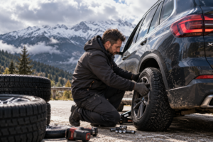 Мъж сменя летните гуми със зимни на BMW X, докато на заден план се виждат заснежени планински върхове и облачно небе. Подготвя се за зима.