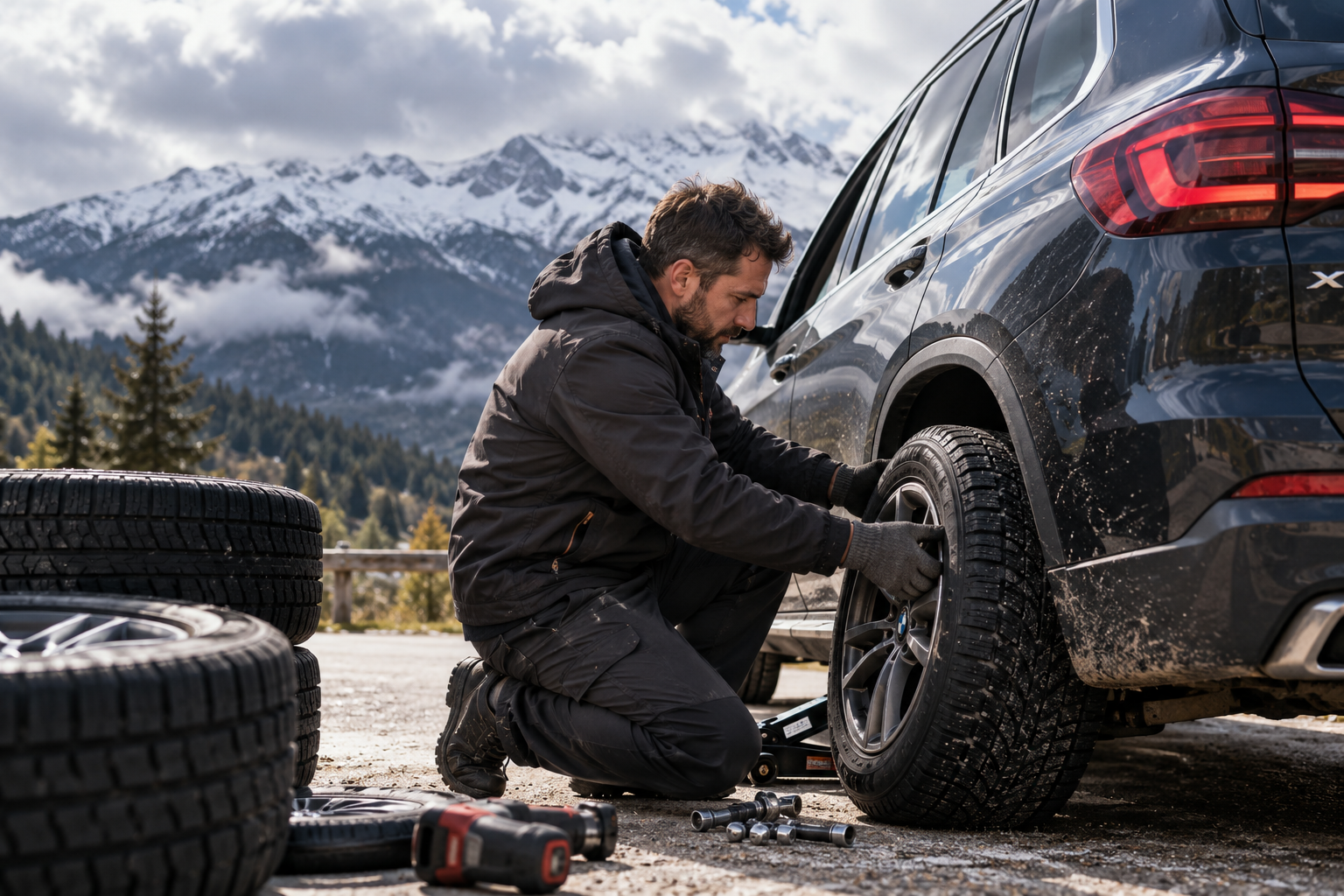 Мъж сменя летните гуми със зимни на BMW X, докато на заден план се виждат заснежени планински върхове и облачно небе. Подготвя се за зима.